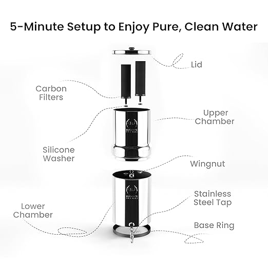 Gravity Water Filter System 2.25 Gallons NSF Certified - AISI 304 Stainless Steel Countertop Water Filtration with 2 Smart (Black) Carbon Filter Elements & Stainless Steel Water Spigot-HomvellaHome