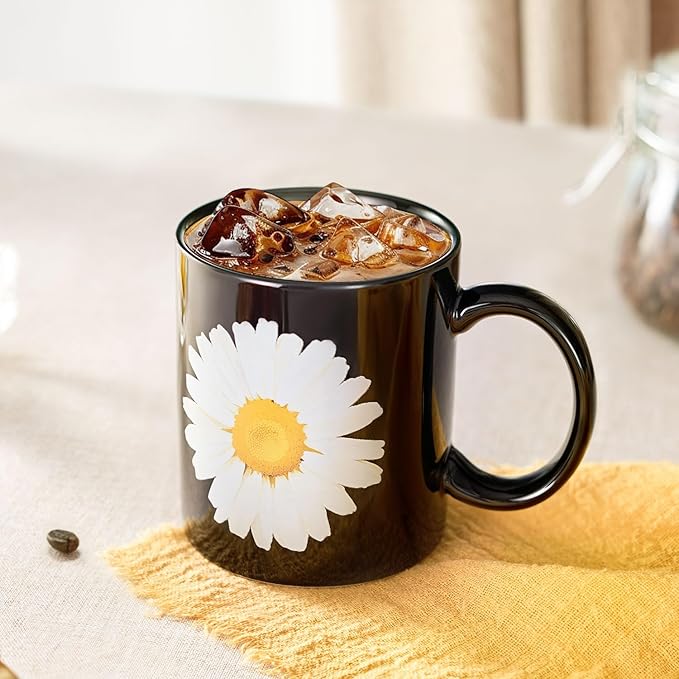 12Oz Daisy Black Ceramic Mug, Mug for Daily Coffee and Tea, Lead-free, Microwave and Dishwasher Safe Coffee Mug, Perfect gifts for women and men-HomvellaHome