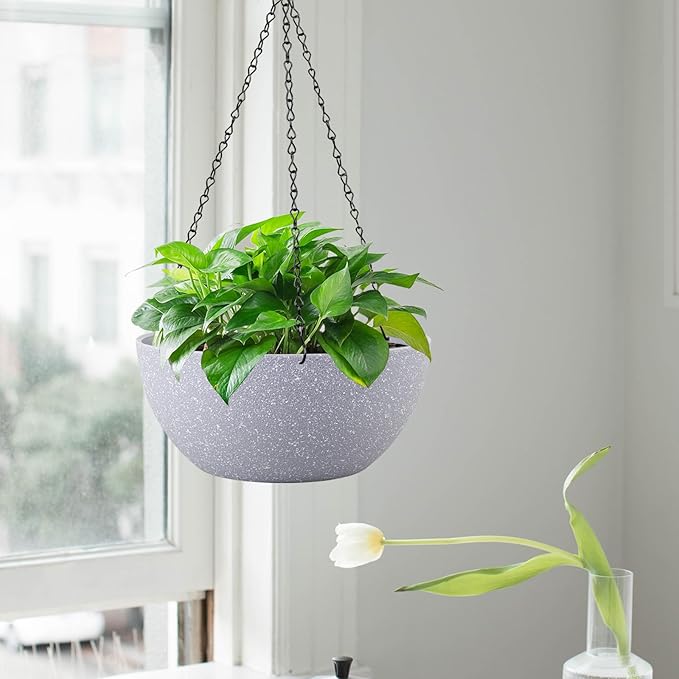13 inch Large Hanging Planters Plant Pots for Outdoor Indoor Plants with Drainage Holes and Chain, 2 Pack Round Hanging Flower Pots for Garden Home Porch Decor, Speckled Grey-HomvellaHome