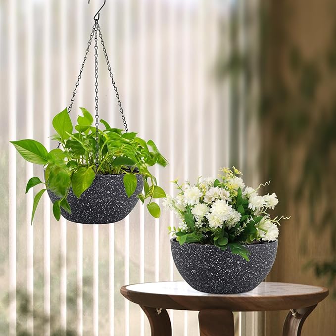 10 inch Hanging Planters for Indoor Outdoor Plants, 2 Pack Hanging Flower Plant Pots with Drainage Holes and Chain for Garden Porch, Plastic Hanging Baskets for House Plants, Speckled Black-HomvellaHome