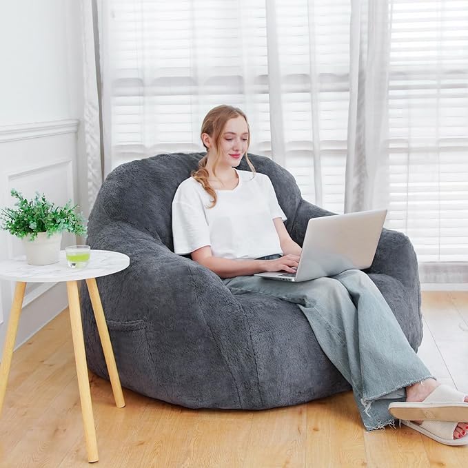 Giant Bean Bag Chair, Oversized Bean Bag Chairs for Adults and Kids, Gaming Chair Stuffed Memory Foam | Storage | Non-Slip, Removable Bean Bag Sofa Comfy Chair for Bedroom, Livingroom (Grey)-HomvellaHome
