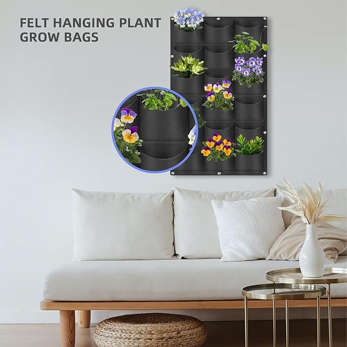 18 Pockets Hanging Planter Bags, Hanging Vertical Wall Mounted Plant Planting Grow Bags, Herb Garden Planter Outdoor Indoor Growing Bag, Gardening Vertical Greening Flower Container(1m×0.5m, Black)-HomvellaHome