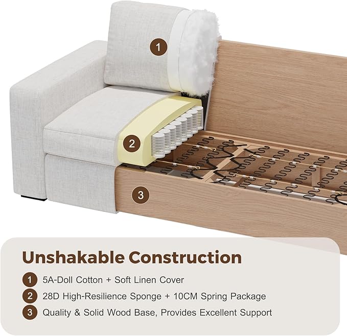 112" Modular Sectional Sofa, Large 7 Seater L Shaped Couch with Detachable Sofa Cover, Movable Ottoman, Deep Seat Corner Couch for Living Room, Apartment - Linen Fabric, Ivory-HomvellaHome