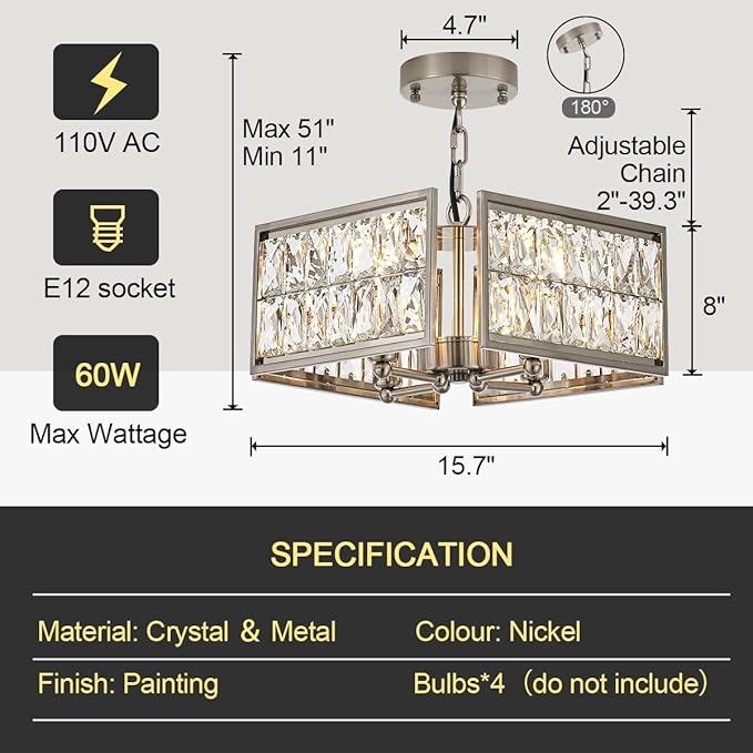 12” 4-Light Modern Crystal Chandeliers Nickel Dinning Room Light Fixture, Square Pendant Light Kitchen Island Chandelier, Flush Mount Ceiling Light for Living Room Entryway Bedroom Foyer-HomvellaHome