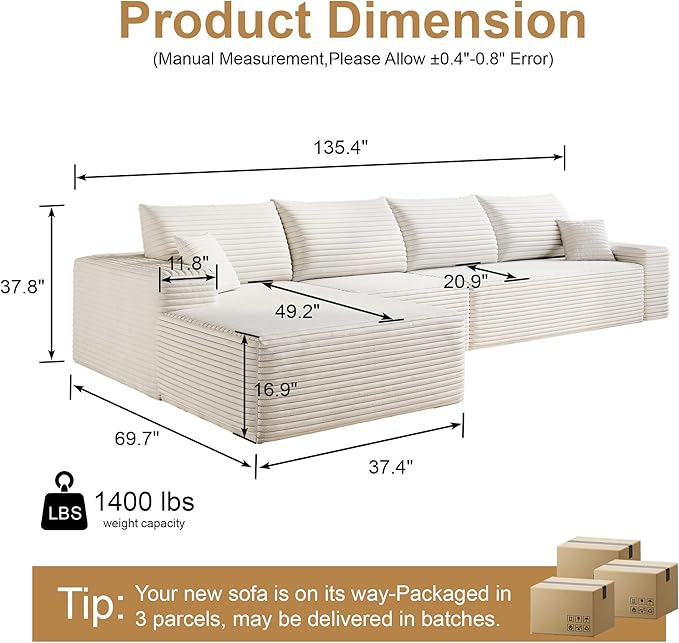 136" Sectional Couches for Living Room Modern Modular Sofa with L-Shape Couchs Upholstered Boneless Couch Deep Seat Sectional Couch with Chaise (White, Left Facing Chaise+3Seaters)-HomvellaHome