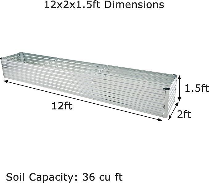 12x2x1.5ft Galvanized Raised Garden Bed,Outdoor Planter Box Metal Patio Kit Planting Bed for Vegetables Flowers Herb,Silver-HomvellaHome