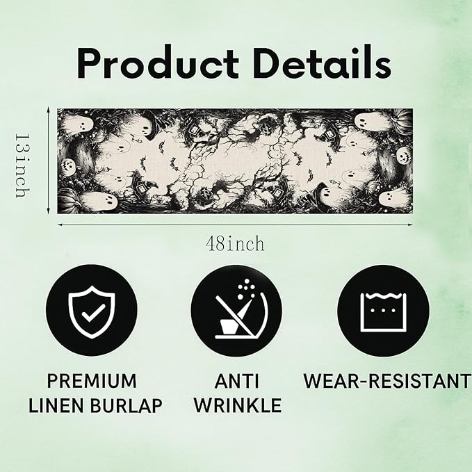 GPGHE Halloween Table Runner Black Ghost Holiday Burlap Table Decoration Indoor Outdoor Home Decor Party Supply 13 x 48 Inch-HomvellaHome