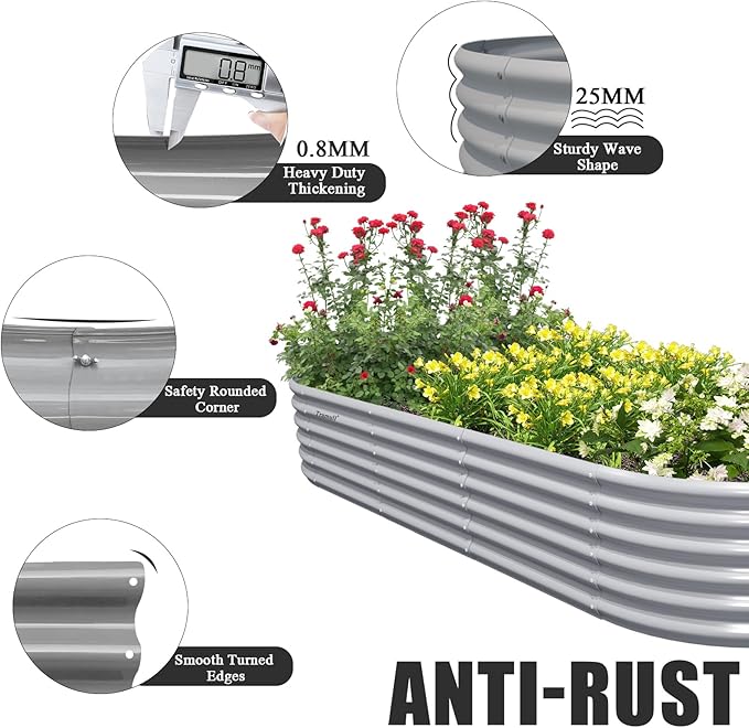1 Pack 8x3x1.5FT Galvanized Raised Garden Bed Kit Oval Metal Ground Planter Box Outdoor Bottomless Planter Raised Beds for Vegetables Flowers Herbs Fruits, Gray-HomvellaHome