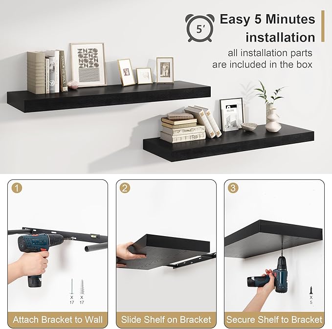 12" Deep Black Floating Shelves,Over Toilet Long Wall Mounted Modern Farmhouse 36 inches,Wall Shelves with Invisible Brackets for Bedroom, Bathroom, Living Room, Kitchen, Set of 1-HomvellaHome