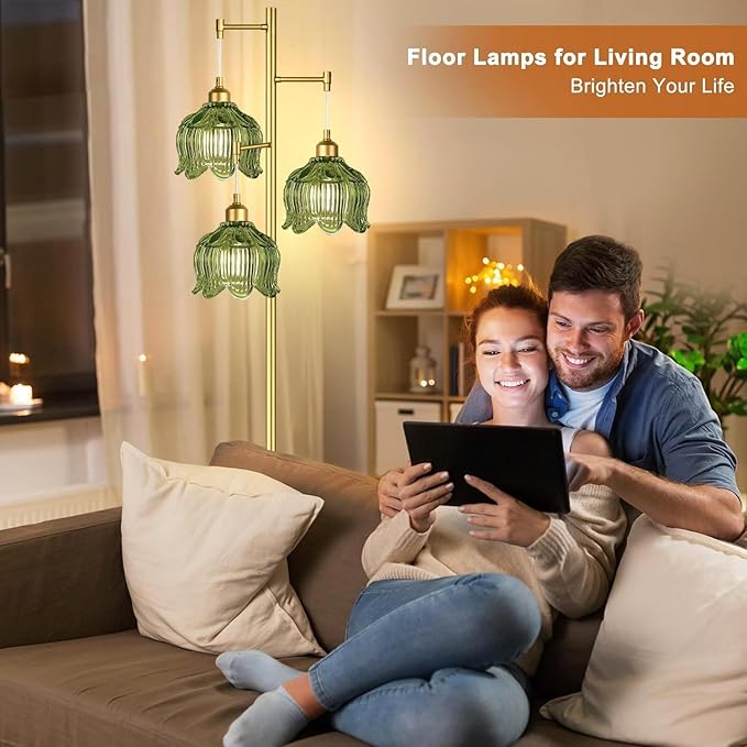 Gold Floor Lamp for Living Room,Bedroom,Mid Century Modern Standing Lamp Brass Tree 3 Light Tall Floor Lamps Vintage Retro Floor Lights Glass Green Flower Lamp Shade Farmhouse Boho Bohemian-HomvellaHome