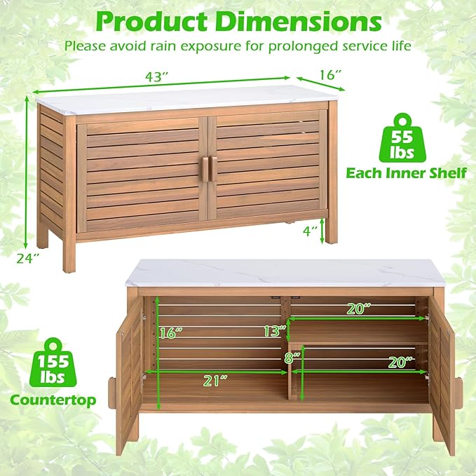 Goplus Patio Storage Cabinet, 2-Door Acacia Wood Storage Container with Faux Marble Top, Outdoor Wooden Sideboard for Deck, Garden, Lawn and Backyard-HomvellaHome