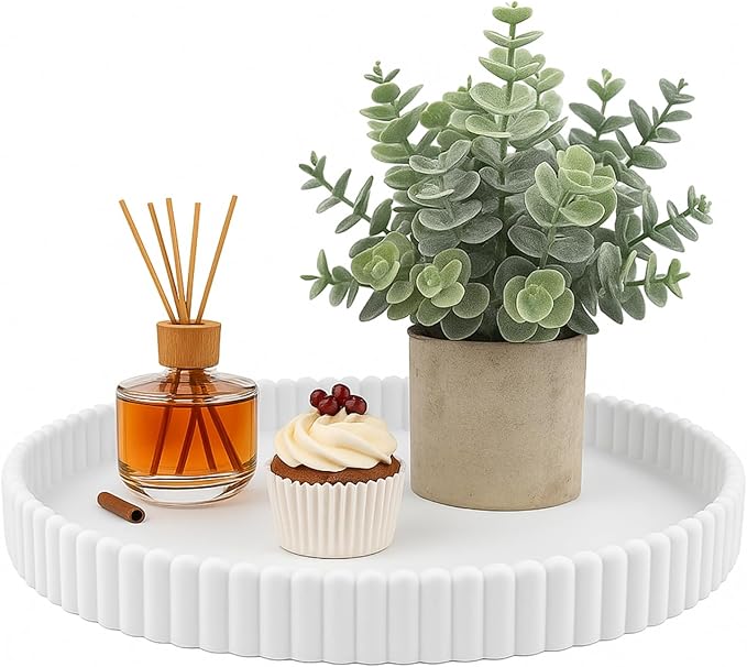 11.8in Decorative Tray for Coffee Table Decor- Modern Oval Concrete Tray for Home Decor- Minimalist Handcrafted Centerpieces Tray for Living Room, Kitchen Dining Table, Entryway (White)-HomvellaHome