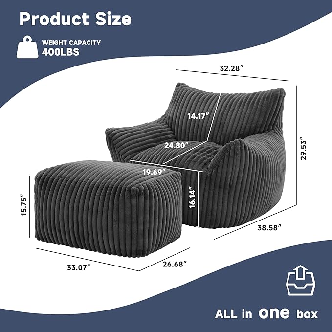 Giant Bean Bag Chairs for Adults, Oversized Chaise Lounge Chair Indoor with Memory Foam - Plush Boneless Lounger & Ottoman for Bedroom, Living Room, Gaming & Reading, Lazy Floor Sofa Chair, Gray-HomvellaHome