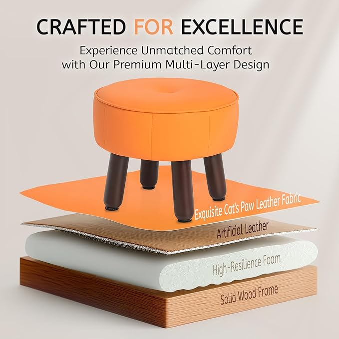 13in Small Foot Stool Ottoman, Round Faux Leather Foot Rest for Couch, Under Desk Pouf Footstool Footrest with Non-Skid Rubber Legs for Ling Room, Bedroom, 13''L x 13''W x 10.2''H, Orange-HomvellaHome