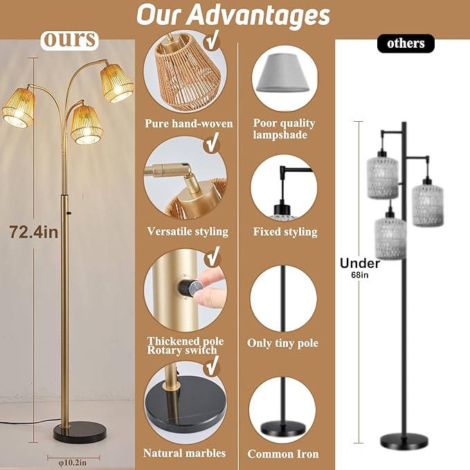 Gold Rattan Floor Lamp for Living Room, 72 Inch Tall Boho Floor Lamp with Rotary Switch, 3 Lights Arc Lamp with Wicker Shade for Coastal,Bohemian,Modern,Tree Farmhouse Standing Lamp-HomvellaHome