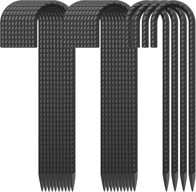 16 Inch Rebar Ground Stakes 24 Pack Heavy Duty J Hook Ground Anchors 3/8 Inch Diameter Steel Rebar Tent Stakes with Chisel Point End for Chain Link Fence, Canopy and Trampoline, Black-HomvellaHome