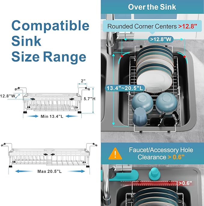 GSlife Expandable in Sink Dish Drying Rack - Stainless Steel Capacity Adjustable Over The Sink Dish Rack (13.4''-20.4''), Dish Drainer for Kitchen Sink Counter with Utensil Holder, Silver-HomvellaHome