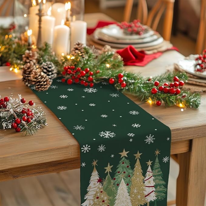 GEEORY Christmas Table Runner 13x72 Inch, Xmas Trees Snowflakes Holiday Decorative Farmhouse Table Decoration for Kitchen Dinning, Indoor Outdoor Dinner Party Decor (Green) GT152-72-HomvellaHome