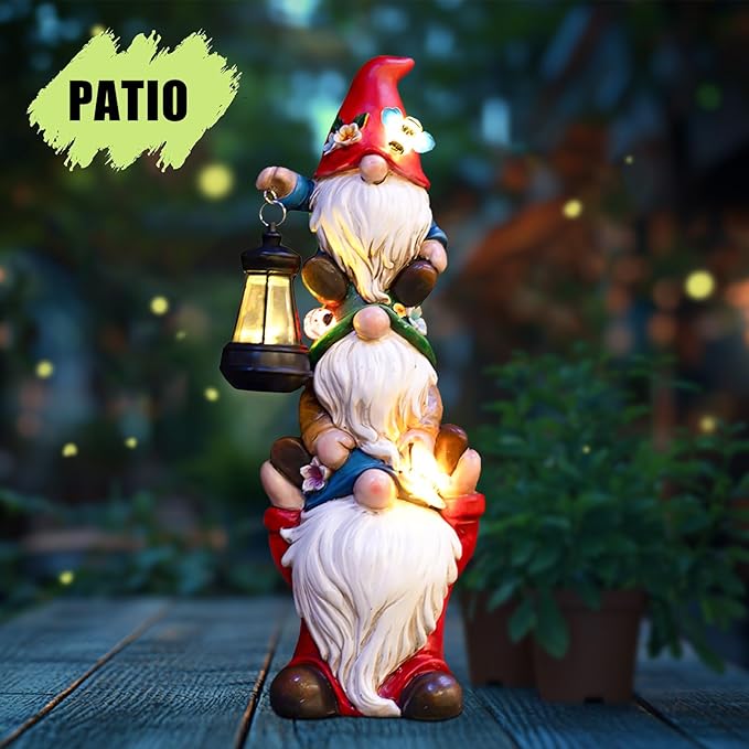 17 in Large Garden Gnome Statue with Solar Lights Sculptures Funny Triple Big Gnome Outdoor Patio Lawn Yard Balcony Garden Home Decor Gifts for Women Mom-HomvellaHome