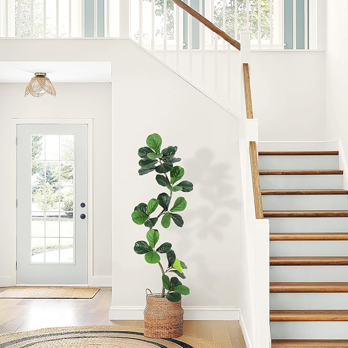 GarveeHome Fiddle Leaf Fig Artificial Tree with White Planter,5ft Faux Plants Indoor with Moss, Fake Rubber Tall Fake Floor Plant in Pot - Artificial Trees for Home Office Living Room Decor-HomvellaHome