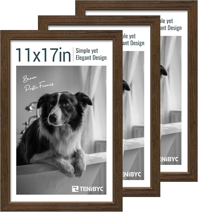 11x17 Picture Frame 3 Pack - Brown Woodgrain, Wood Photo Frame, HD Tempered Glass, Wall Gallery Poster Frame-HomvellaHome