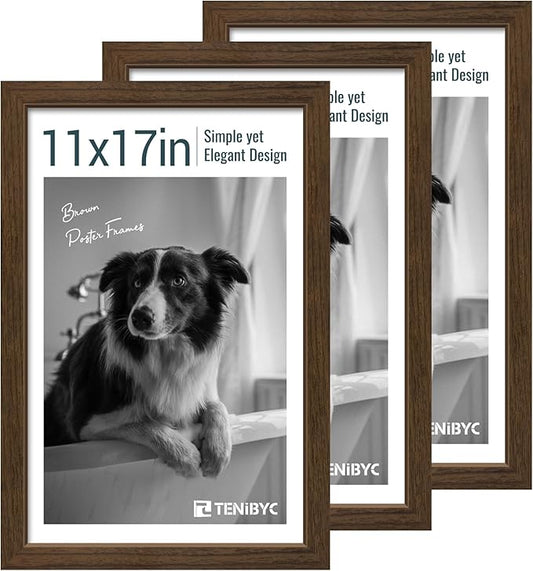 11x17 Picture Frame 3 Pack - Brown Woodgrain, Wood Photo Frame, HD Tempered Glass, Wall Gallery Poster Frame-HomvellaHome