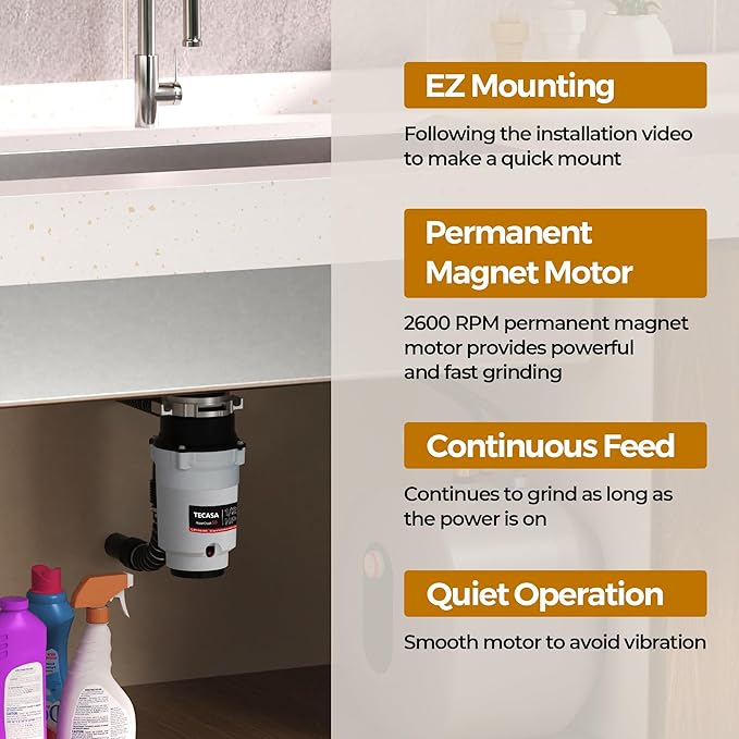 1/2 HP Garbage Disposals, TECASA Continuous Feed, Stainless Steel Food Waste Grinding System for Kitchen Sink Food Waste, Power Cord Included, UL Certified - HyperCrush 50-HomvellaHome