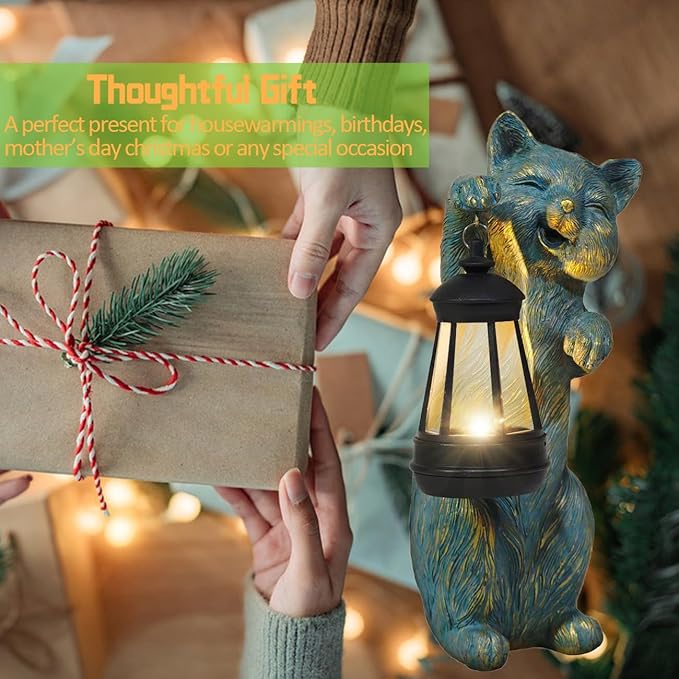 Garden Statues Cat with Solar Lantern Outdoor Bunny Figurines Decorations for Patio Yard Lawn Ornaments Gifts for Birthday Easter Housewarming Mother's Day-HomvellaHome