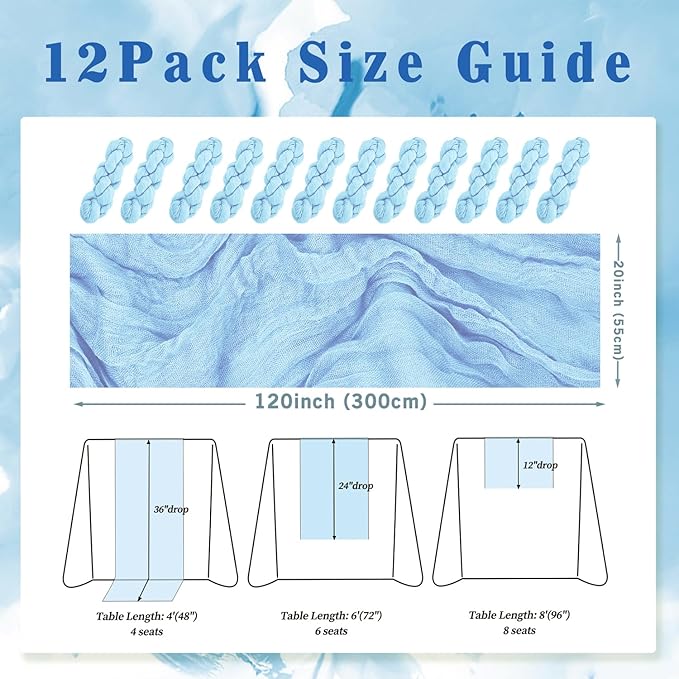 12 Pack Baby Blue Cheesecloth Table Runner 20 x 120 Inch Long Rustic Gauze Cheese Cloth Table Runner for Wedding 10FT Bridal Baby Shower Table Decorations Boho Fabric Sheer Birthday Party Table Decor-HomvellaHome