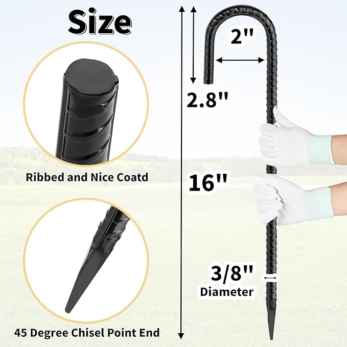16 Inches 24-Pack J Hook Rebar Stakes Heavy Duty Tent Stakes with Chisel Point End, Steel Ground Anchors Metal Garden Stakes Chain Link Fence Stakes Black Coated-HomvellaHome
