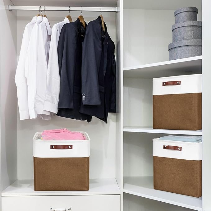 13x13 Cube Storage Bins, Collapsible Fabric Storage Box, 4 Pack Closet Baskets with Handles for Organizing, Shelf, Toys, Clothes, Home, Office, Nursery (Brown&White)-HomvellaHome