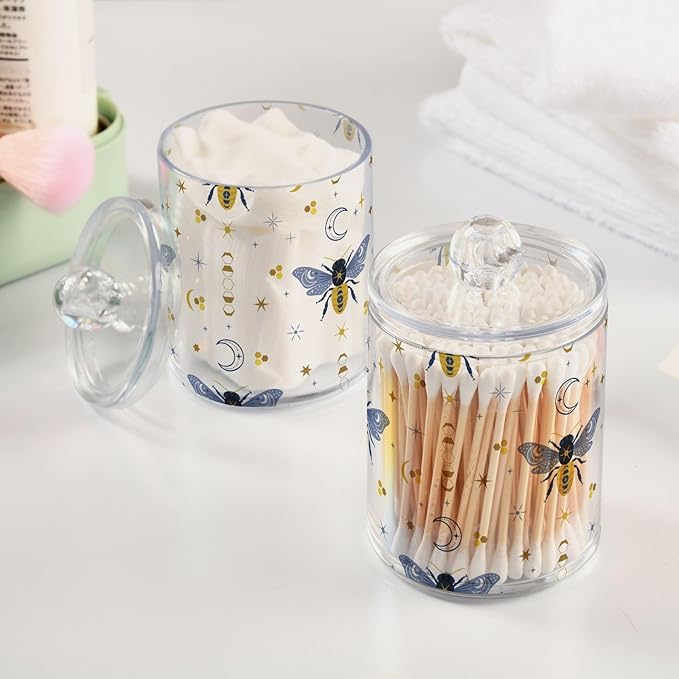 2 Pack Qtip Holder Organizer Dispenser Bee Boho Honeybee Insect Bathroom Storage Canister Cotton Ball Holder Container for Cotton Pads/Swabs/Floss-HomvellaHome