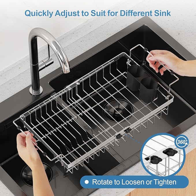 GSlife Stainless Steel Dish Drying Rack - Capacity Expandable in Sink Dish Drainer with Silicone Mat, Over Sink Dish Rack with Utensil Holder for Kitchen Counter, Large Capacity, Silver-HomvellaHome