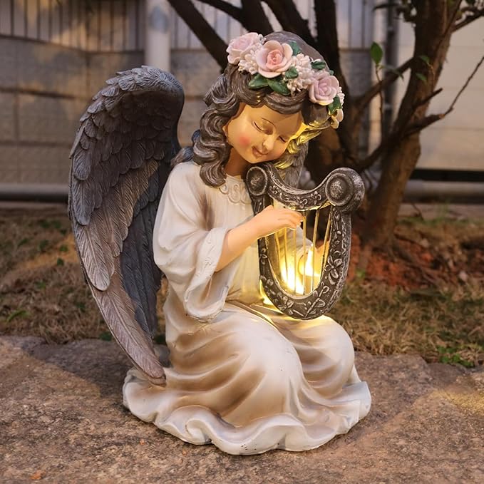 Garden Angel Decor Solar Angels Statues for Garden Waterproof Angel Sculpture Playing The Harp Solar Angels for Yard Patio Gardening Gift-HomvellaHome