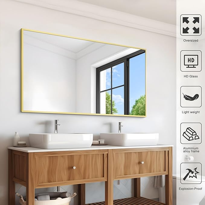 Gold Bathroom Mirror for Wall, 30x48 Inch Rectangle Mirrors with Metal Frame, Modern Vanity Wall Mirror Decor for Bathroom Living Room, Entryway Hangs Horizontal or Vertical-HomvellaHome