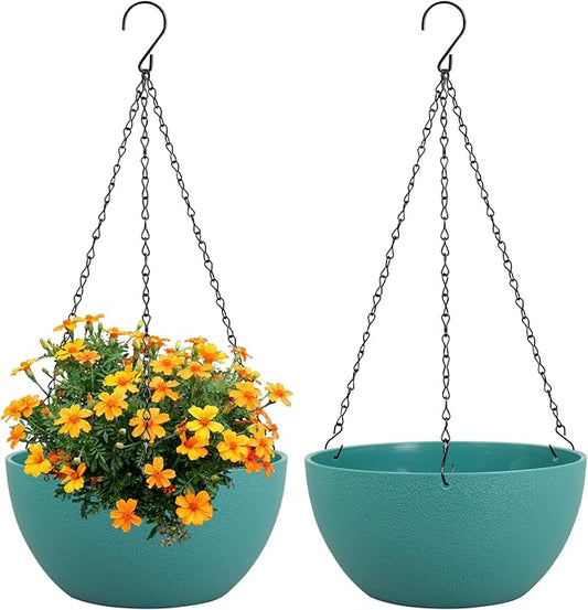 10 inch Hanging Planters for Indoor Outdoor Plants, 2 Pack Hanging Flower Pots with Drainage Holes and Chain for Garden Porch, Plastic Hanging Baskets for House Plants, Blue Green-HomvellaHome