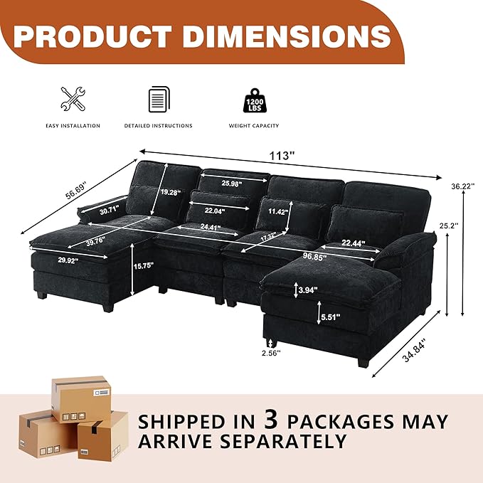 113" Oversized Cloud Couch, U Shape Sectional 4 Seat Sofa with Double Chaises, 2 Layer Cusions, Deep Seat Comfy Sofa, Upholstery Chenille Fabric for Living Room, Black-HomvellaHome
