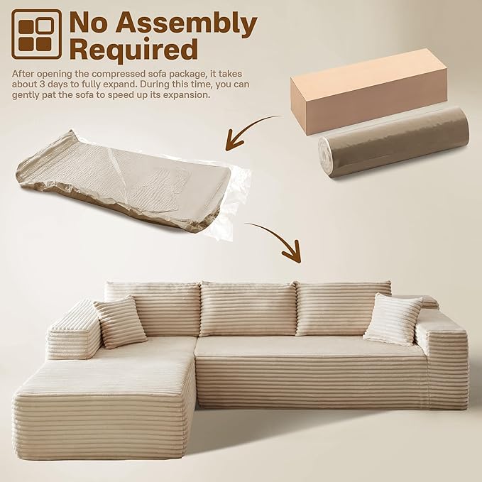 104" Cloud Sectional Couches for Living Room,L Shaped Boneless Couch in A Box,Sleeper Sofa with Comfy Chaise No Assembly Required,Beige-HomvellaHome