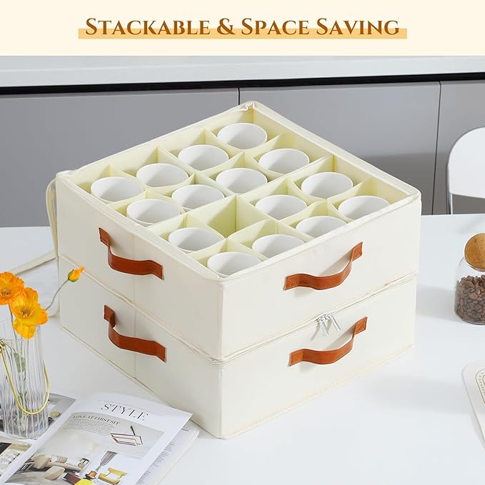 2 Pack Cup and Mug Storage Box with Dividers and Hard Shell, Stackable Coffee Cup Storage Organizer with Lid, Zipper, and Handles for Coffee Mugs, Cups, Glasses, Stemware Storage Containers for Moving-HomvellaHome