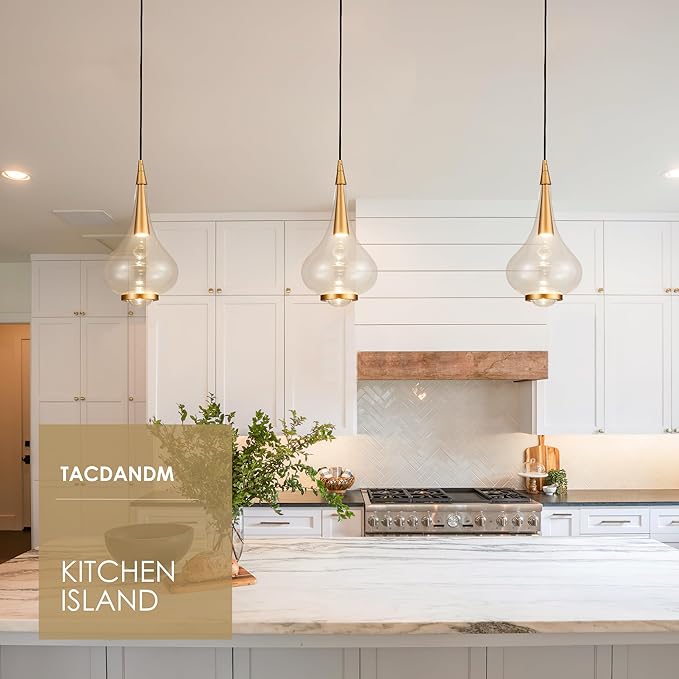 1-Light Teardrop Pendant Light, Brass Gold Ceiling Hanging Light Fxitures, LED Light Fixtures Ceiling Glass Pendant Lighting for Kitchen Island Dining Room Bar-HomvellaHome