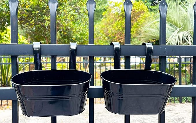 2 Pack Metal Hanging Planter for Outdoor Plants, 10 Inch Black Fence Planters Railing Pots for Garden Patio Balcony Decor, Flower Bucket with Detachable Hooks (Black, 2Pcs)-HomvellaHome
