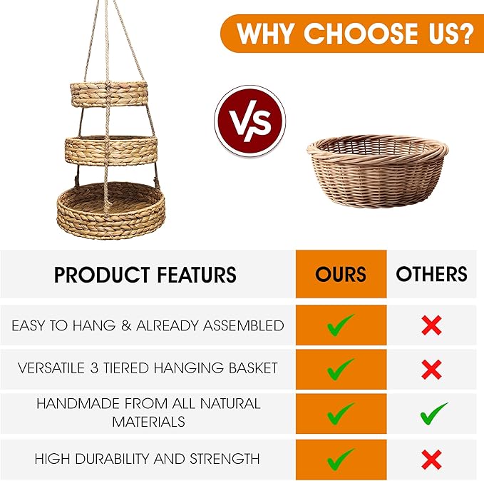 Generic HANFRUBASK - Hanging Fruit Basket Set of 3, Woven Water Hyacinth, Round, Beige, Rustic, Kitchen Storage & Organization-HomvellaHome