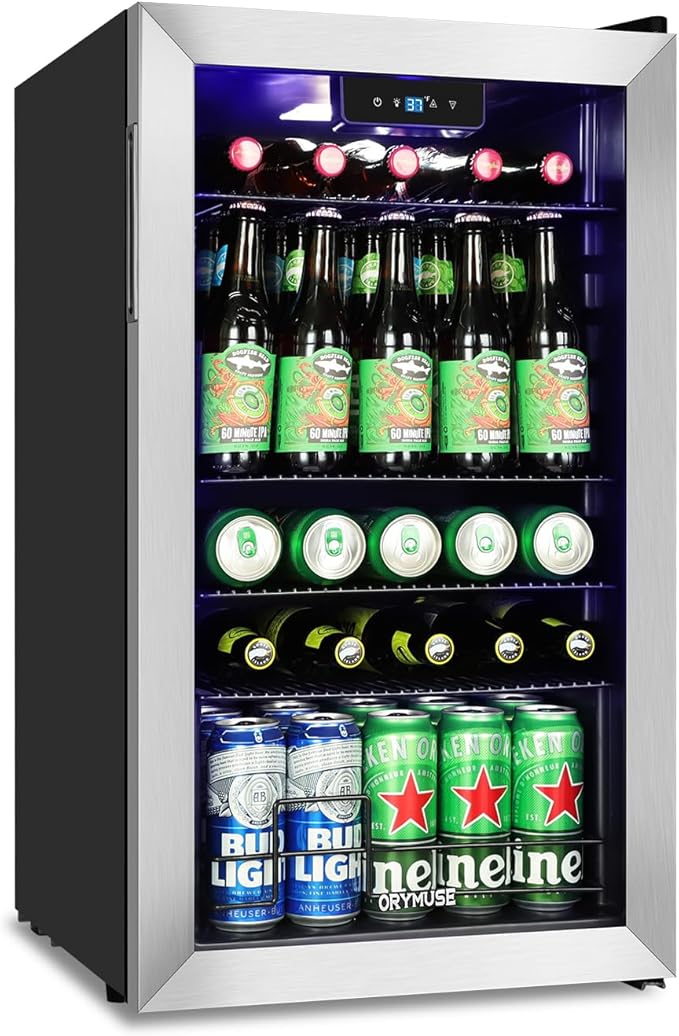 120 Can Beverage Refrigerator – Mini Fridge with Glass Door for Soda Beer or Wine, Beverage Cooler for Bedroom, Office, Bar with Adjustable Shelves & Digital Temperature Display, Silver-HomvellaHome
