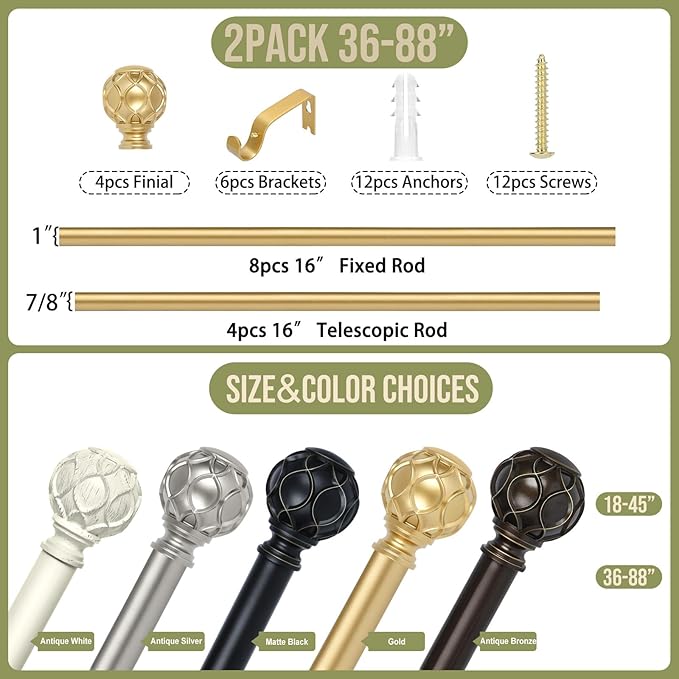 Gold Adjustable Curtain Rods for Windows:Farmhouse Heavy Duty Curtain Rod for Bedroom Living Room,Boho Decorative Rustic Drapery Rod with Vintage Coastal Texture Finial,Brass Gold 2Pack 36-88"-HomvellaHome