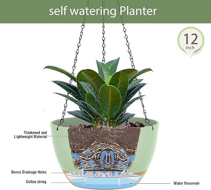 12 Inch Hanging Baskets 2 PC with Chains, Self-Watering Hanging Planters for Indoor Outdoor Plants, Plastic Hanging Flower Pots,Green Brown-HomvellaHome