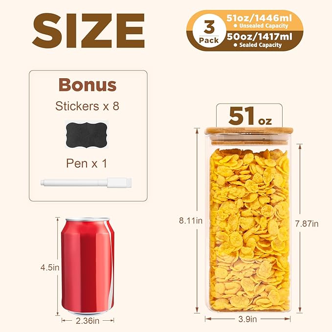 Glass Food Storage Jars Square 51oz, 3 Pack Glass Jars With Bamboo Lids, Kitchen Storage Containers For Spice, Candy, Cookie, Storage For Pantry Organizers-HomvellaHome
