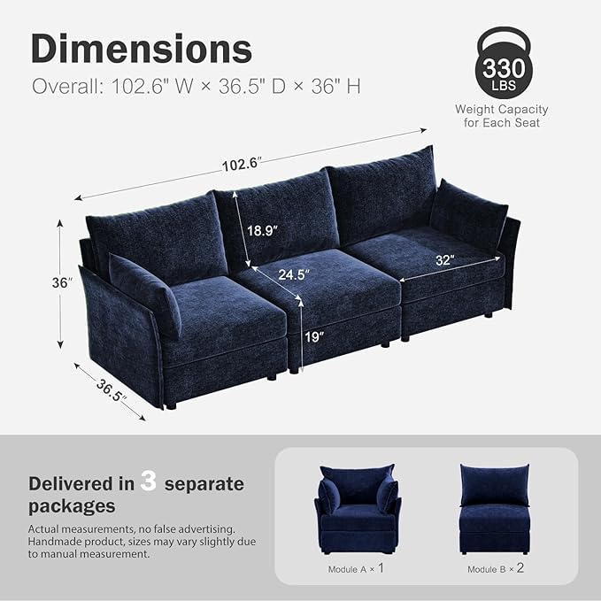 102.6" Modular Sectional Sofa, Oversized 3-Seater Blue Couch with Removable Chenille Fabric Cover, Deep Seat & High Backrest for Living Room, Office & Apartment-HomvellaHome