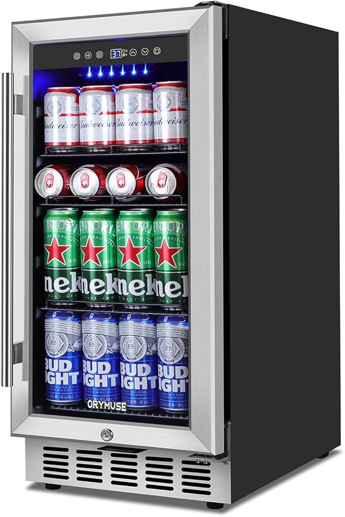 15 Inch Beverage Refrigerator, 130 Can Capacity Under Counter Fridge with Lock & Glass Door, Quiet Built-in or Freestanding Beer Cooler, Powerful Compressor for Fast Cooling-HomvellaHome