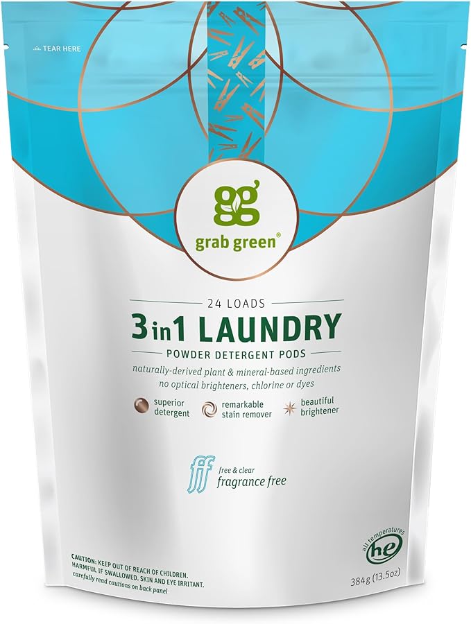Grab Green 3-in-1 Laundry Detergent Pods, 24 Count, Fragrance Free, Plant and Mineral Based, Superior Cleaning Power, Stain Remover, Brightens Clothes-HomvellaHome