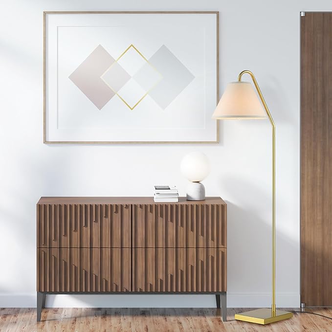 GLOBE Electric 61000147 62" Floor Lamp, Matte Brass, Beige Fabric Shade, On/Off Rotary Switch on Socket, 6-Foot Clear Cord, Reading Light, Bedroom, Living Room, Home Decor-HomvellaHome